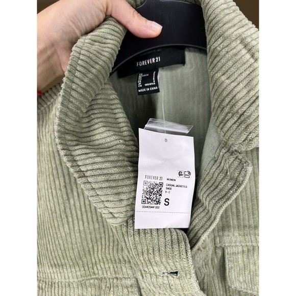 Forever 21 Women's Cropped Button Down Long Sleeve Corduroy Jacket Size S Green - Picture 3 of 3